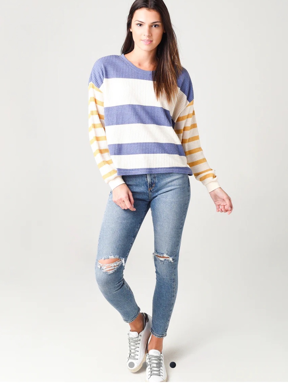 Z Supply Grace Waffle-Knit OVERSIZED Small w MEASUREMENTS Stripe Long Sleeve Top